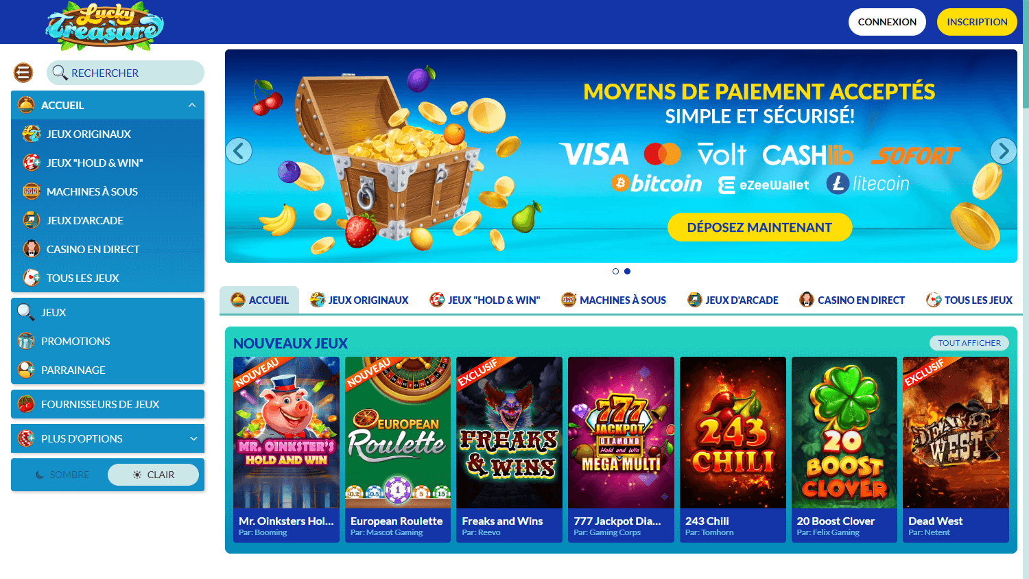 Interface de Lucky Treasure Casino